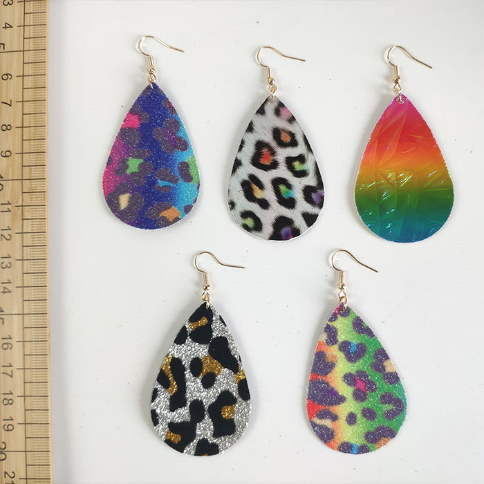 Gradient Tie-Dye Leather Earrings - Waterdrop Leopard Print Rainbow Jewelry