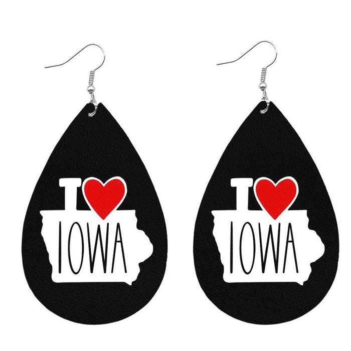 Western USA Leather Earrings - Texas Iowa Map Jewelry for Women