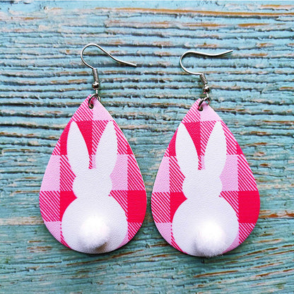 Original Easter Bunny Plaid Leather Earrings with Pom Pom Tail