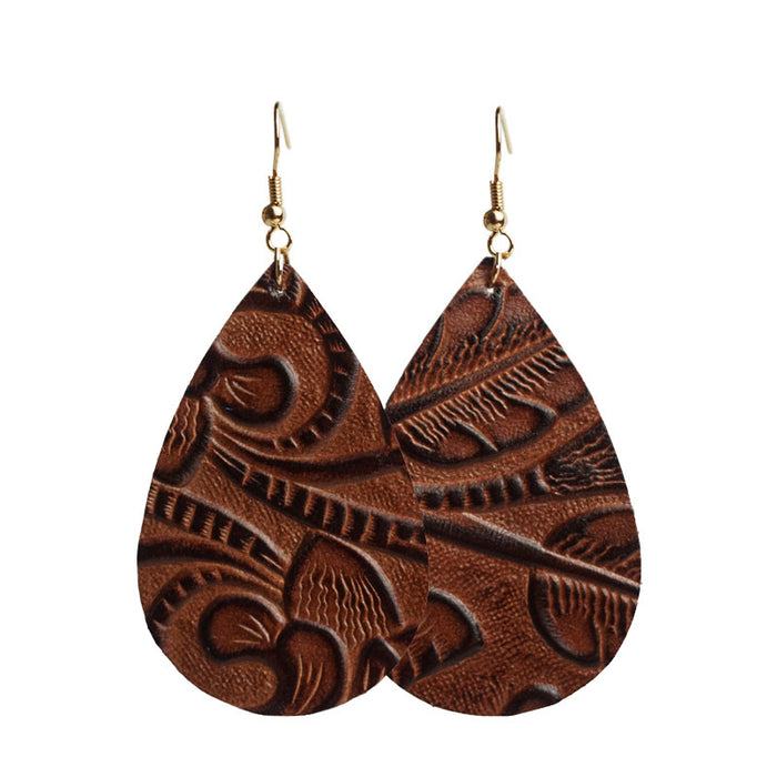 Vintage Embossed Cowhide Earrings with Turquoise and High-Quality Texture