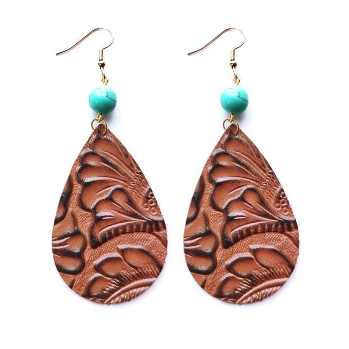 Vintage Embossed Cowhide Earrings with Turquoise and High-Quality Texture