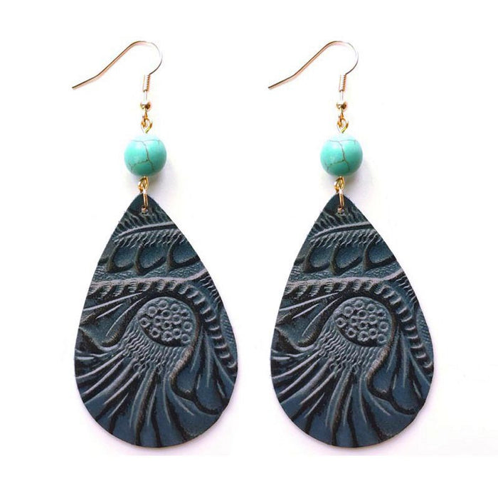 Vintage Embossed Cowhide Earrings with Turquoise and High-Quality Texture