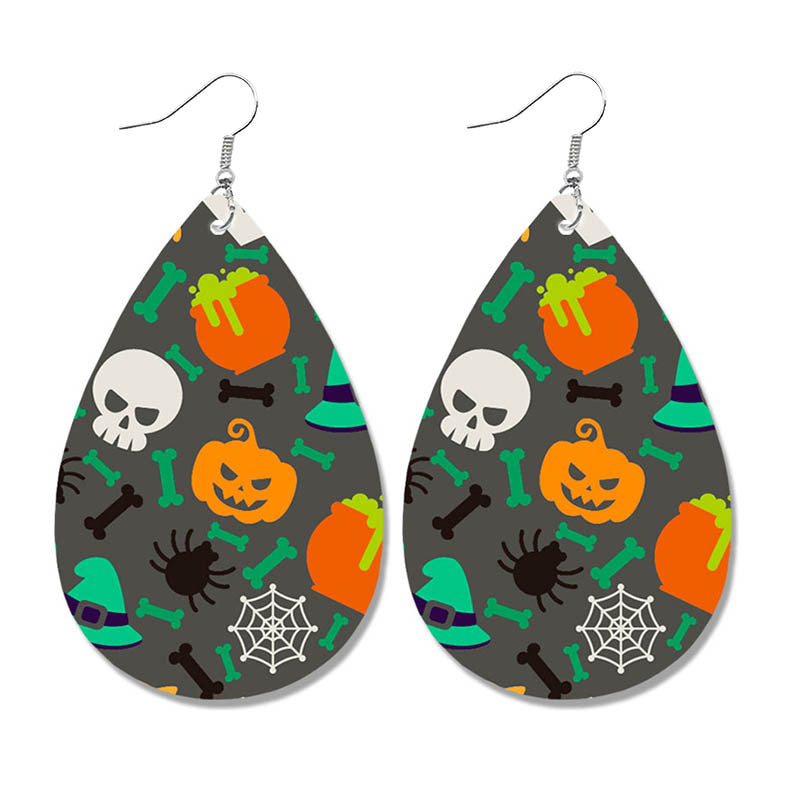 Halloween Leather Earrings - Pumpkin Ghost Candy Print Waterdrop Jewelry - wallojewerly 