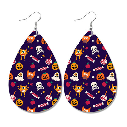 Halloween Leather Earrings - Pumpkin Ghost Candy Print Waterdrop Jewelry