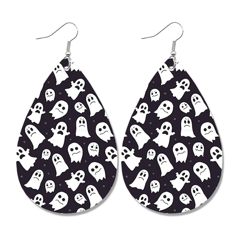 Halloween Leather Earrings - Pumpkin Ghost Candy Print Waterdrop Jewelry - wallojewerly 