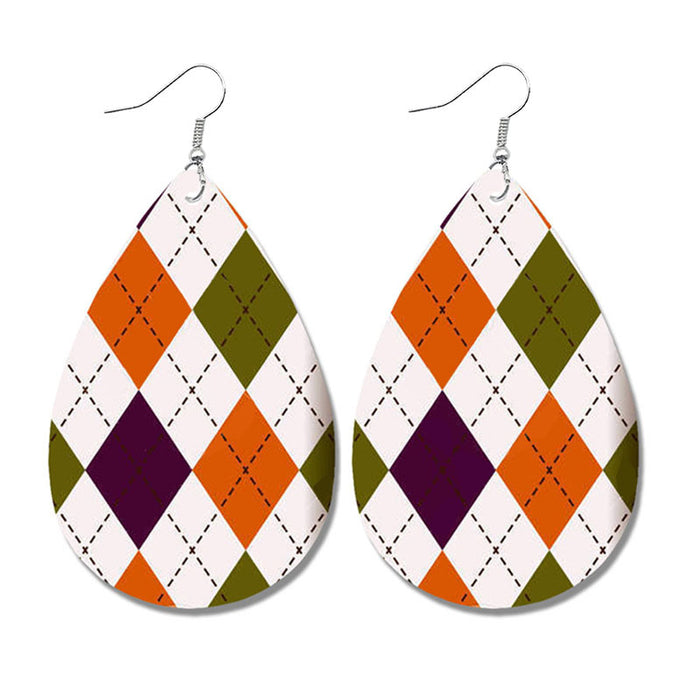 Halloween Geometric Leather Earrings with Plaid and Polka Dot Print