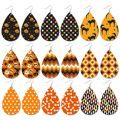 Halloween Pumpkin Polka Dot Cat Earrings - Cute Waterdrop Leather Earrings