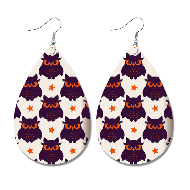 Halloween Bat and Ghost Leather Teardrop Earrings with Skull Design - wallojewerly 