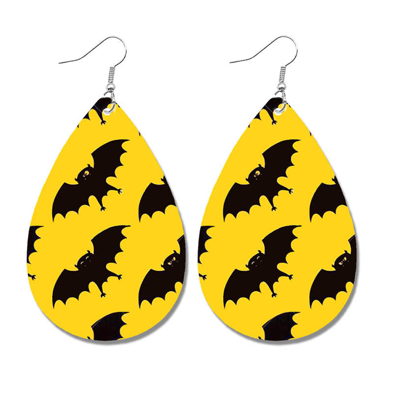 Halloween Bat and Ghost Leather Teardrop Earrings with Skull Design - wallojewerly 