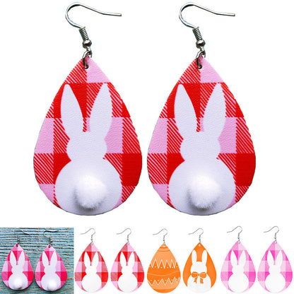 Original Easter Bunny Plaid Leather Earrings with Pom Pom Tail