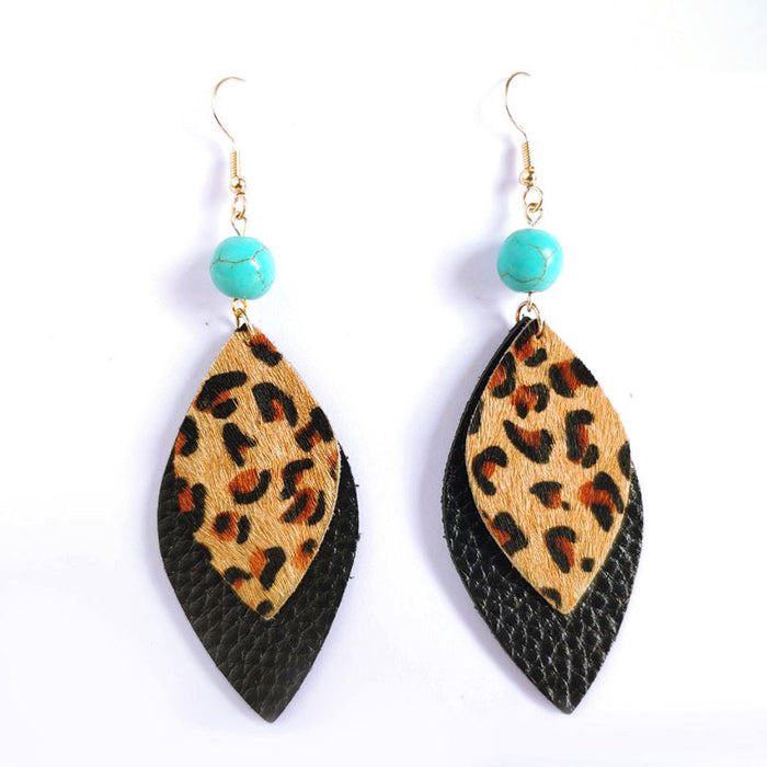 Bohemian Leather Fur Earrings - Beaded Leaf Design for Fashionable Look