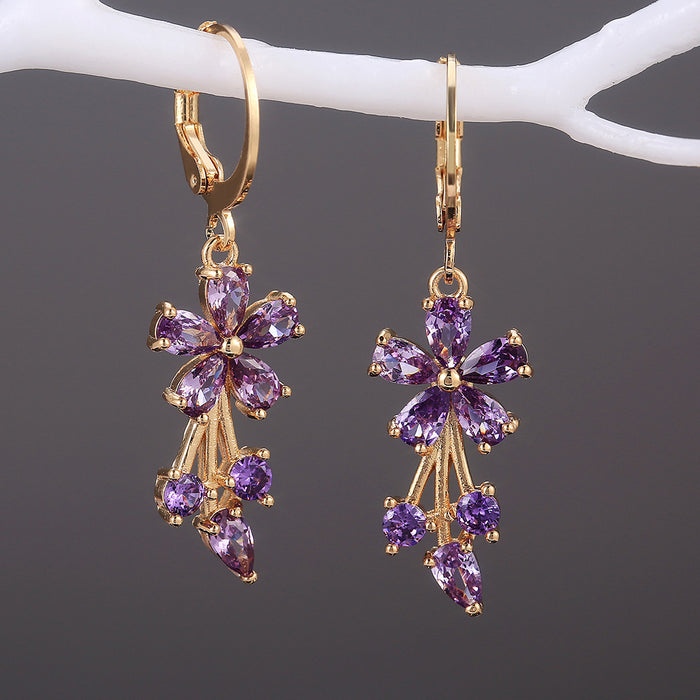 Pendientes florales de moda para damas OL, pendientes de cobre con incrustaciones de circonitas galvanizadas