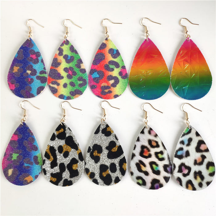 Gradient Tie-Dye Leather Earrings - Waterdrop Leopard Print Rainbow Jewelry