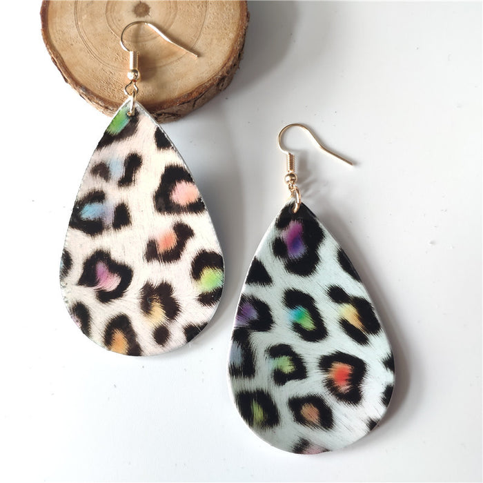 Gradient Tie-Dye Leather Earrings - Waterdrop Leopard Print Rainbow Jewelry