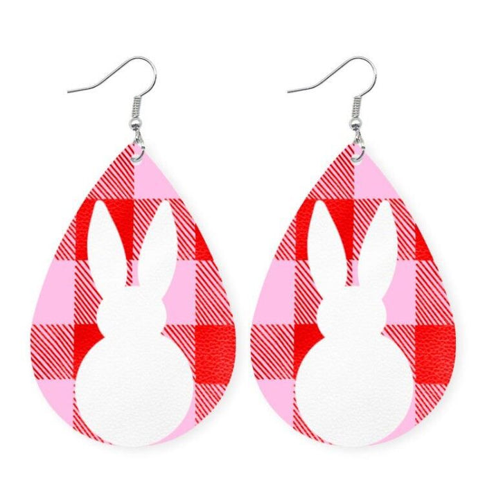 Original Easter Bunny Plaid Leather Earrings with Pom Pom Tail