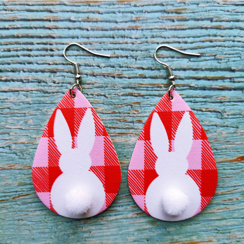 Original Easter Bunny Plaid Leather Earrings with Pom Pom Tail