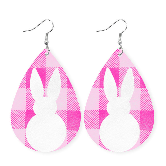 Original Easter Bunny Plaid Leather Earrings with Pom Pom Tail