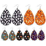 Halloween Leather Earrings - Pumpkin Ghost Candy Print Waterdrop Jewelry - wallojewerly 