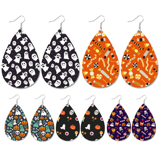 Pendientes de cuero para Halloween: joyas con estampado de calabaza, fantasma y caramelo en forma de gota de agua