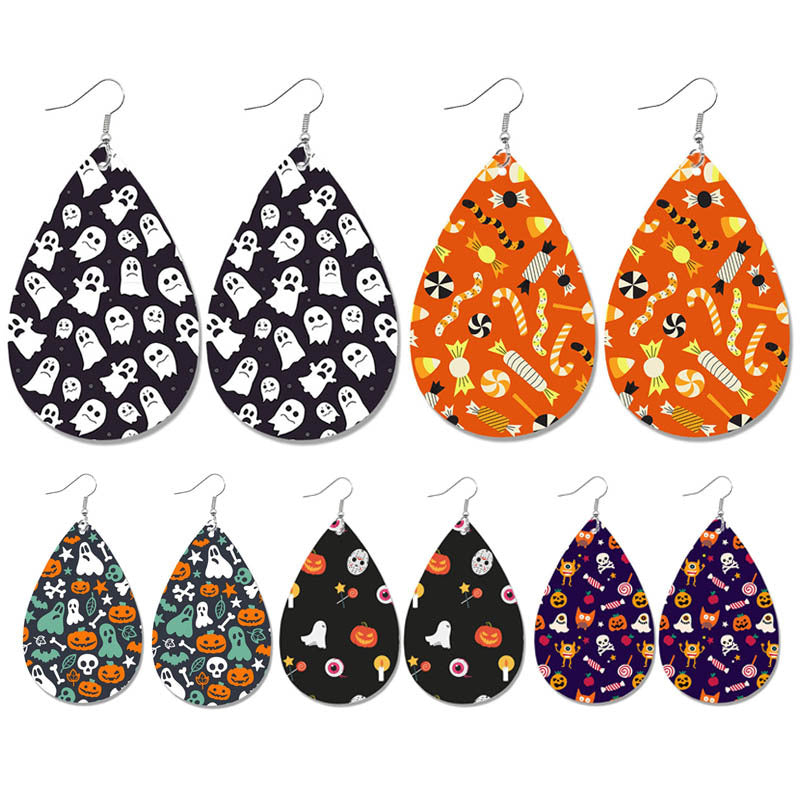 Halloween Leather Earrings - Pumpkin Ghost Candy Print Waterdrop Jewelry - wallojewerly 