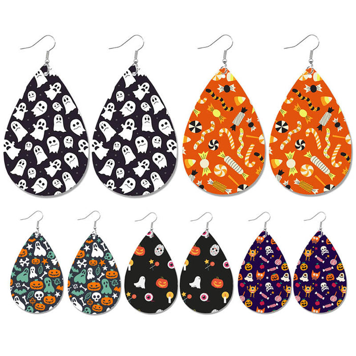 Halloween Leather Earrings - Pumpkin Ghost Candy Print Waterdrop Jewelry