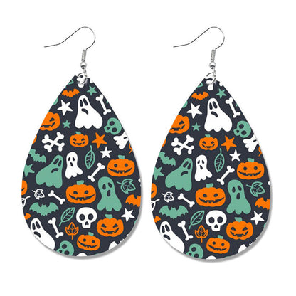 Halloween Leather Earrings - Pumpkin Ghost Candy Print Waterdrop Jewelry