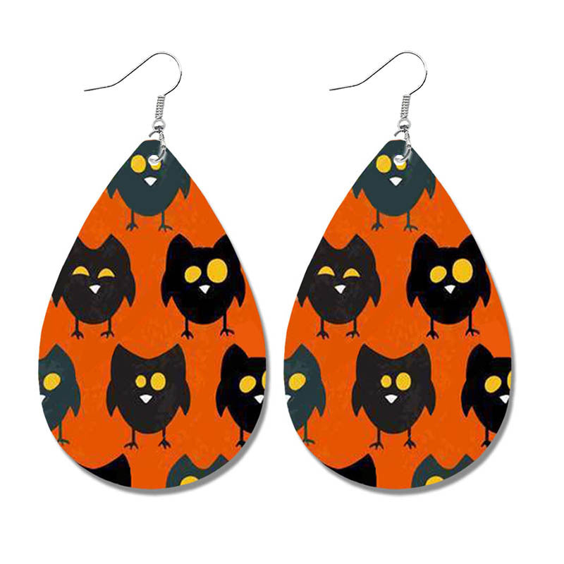 Halloween Bat and Ghost Leather Teardrop Earrings with Skull Design - wallojewerly 