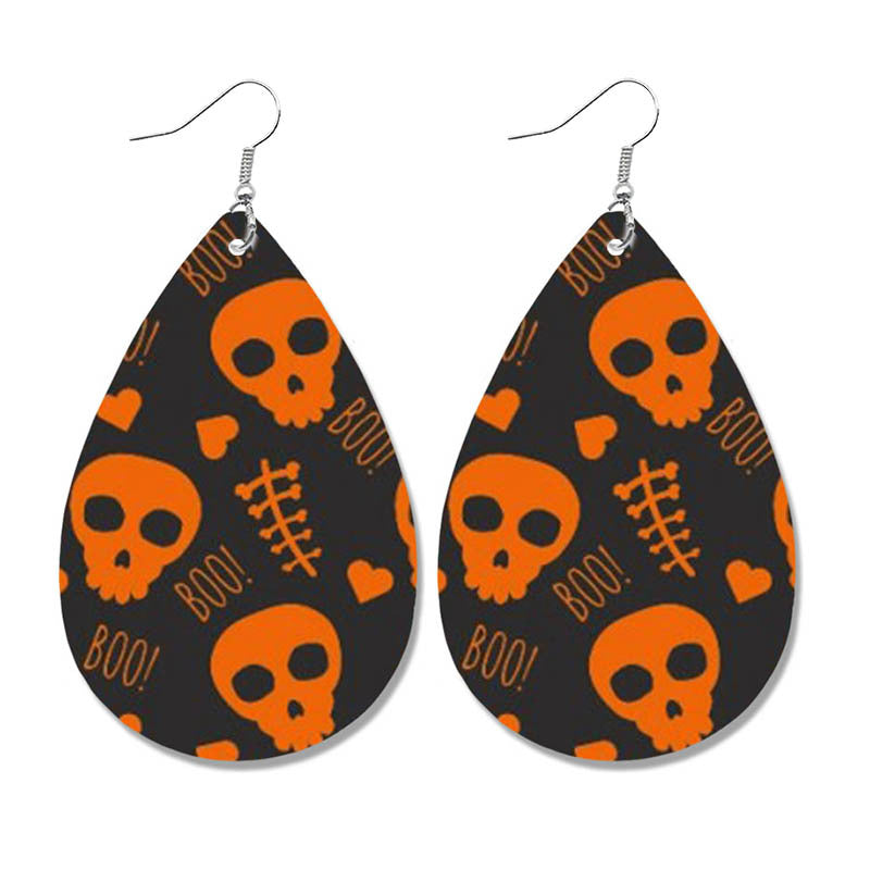 Halloween Bat and Ghost Leather Teardrop Earrings with Skull Design - wallojewerly 