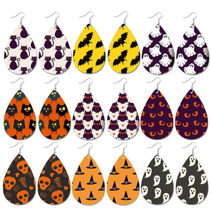 Halloween Bat and Ghost Leather Teardrop Earrings with Skull Design