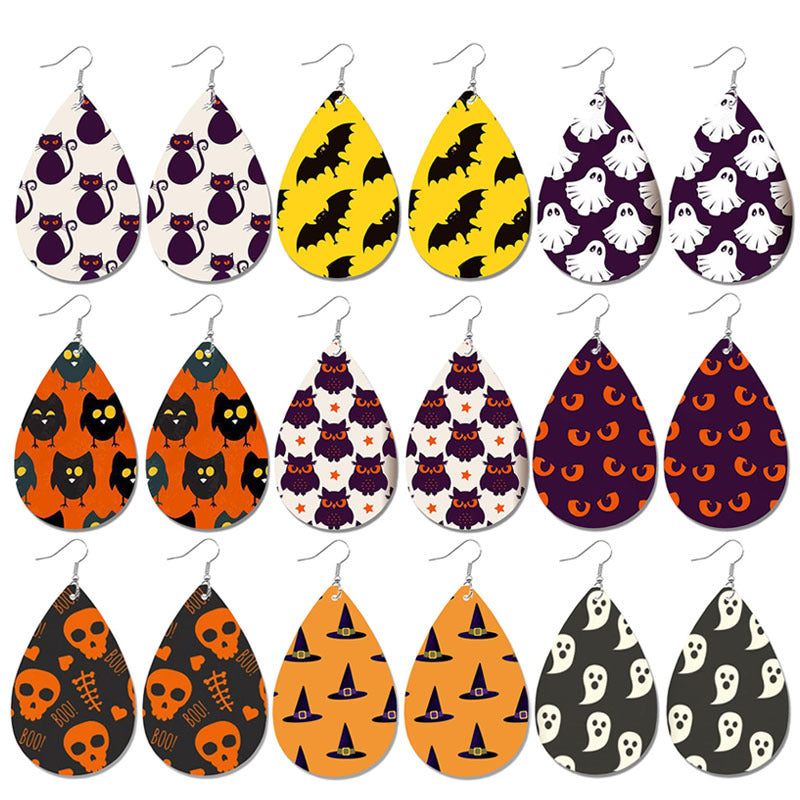 Halloween Bat and Ghost Leather Teardrop Earrings with Skull Design - wallojewerly 