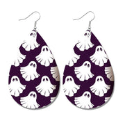 Halloween Bat and Ghost Leather Teardrop Earrings with Skull Design - wallojewerly 