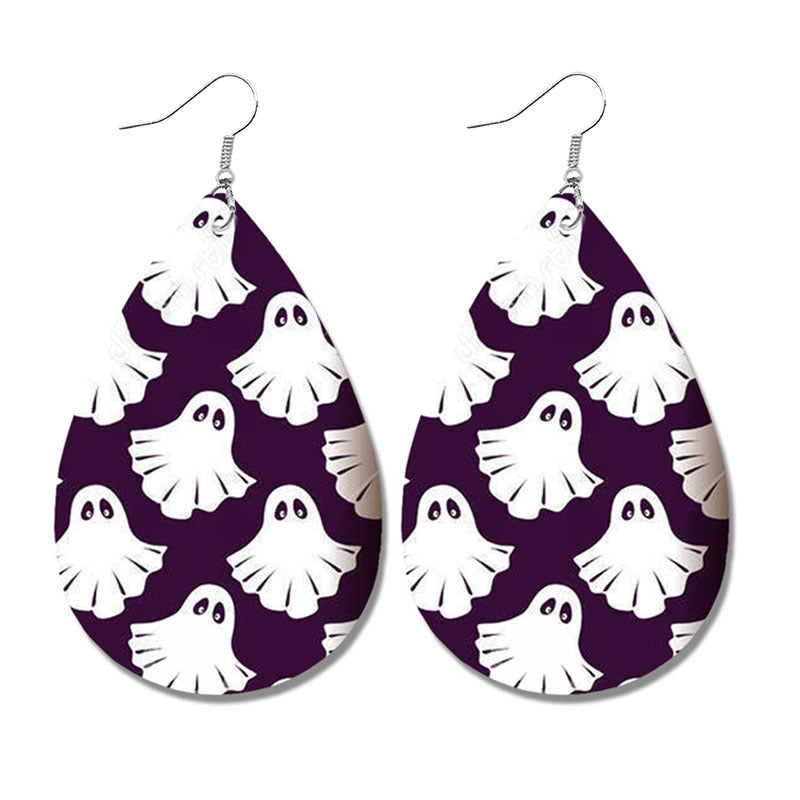 Halloween Bat and Ghost Leather Teardrop Earrings with Skull Design - wallojewerly 