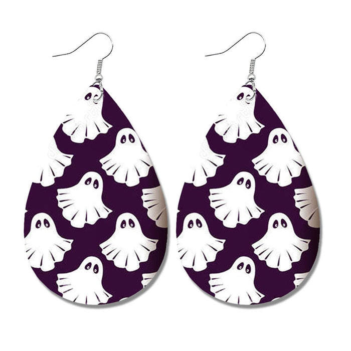 Halloween Bat and Ghost Leather Teardrop Earrings with Skull Design