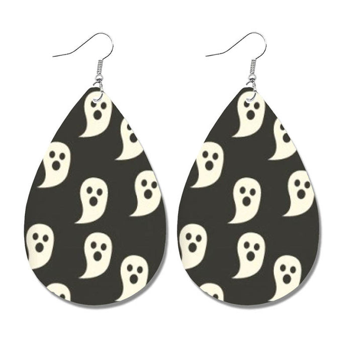 Halloween Bat and Ghost Leather Teardrop Earrings with Skull Design