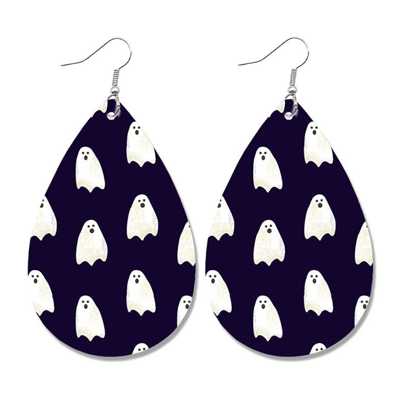 Halloween Bat and Ghost Leather Teardrop Earrings with Skull Design - wallojewerly 
