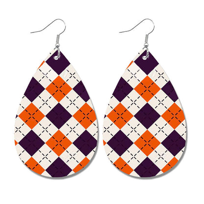 Halloween Geometric Leather Earrings with Plaid and Polka Dot Print