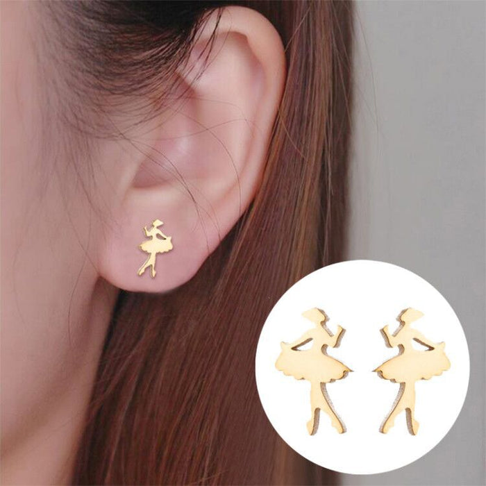 Ballet Dancer Stainless Steel Stud Earrings - Cute and Playful French-Style Jewelry