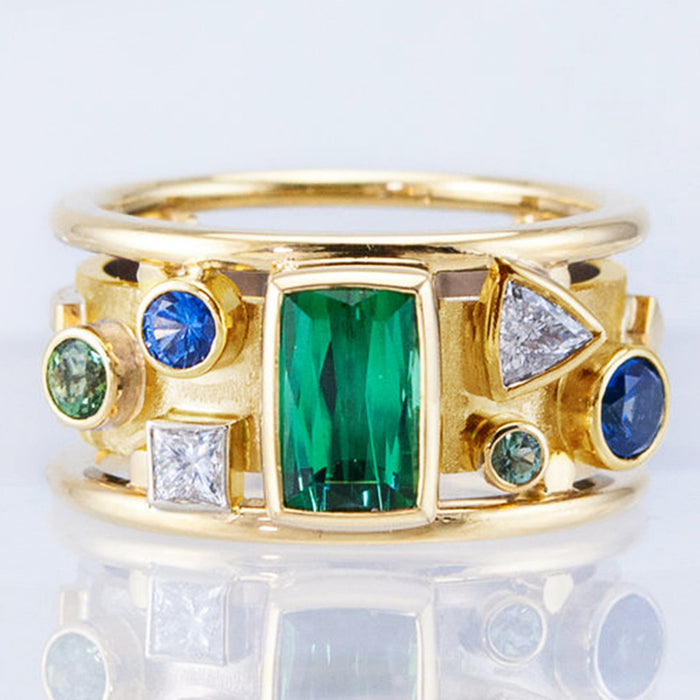 Anillo de oro estilo retro para mujer con diseño geométrico de circonita verde