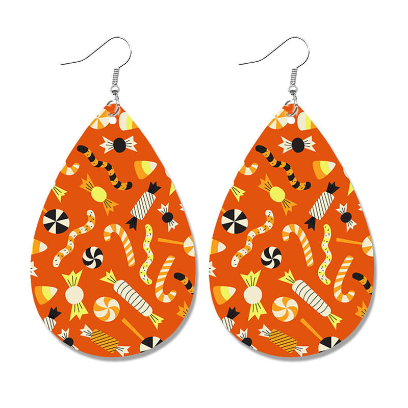 Halloween Leather Earrings - Pumpkin Ghost Candy Print Waterdrop Jewelry - wallojewerly 