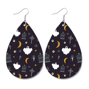 Halloween Leather Earrings - Pumpkin Ghost Candy Print Waterdrop Jewelry - wallojewerly 