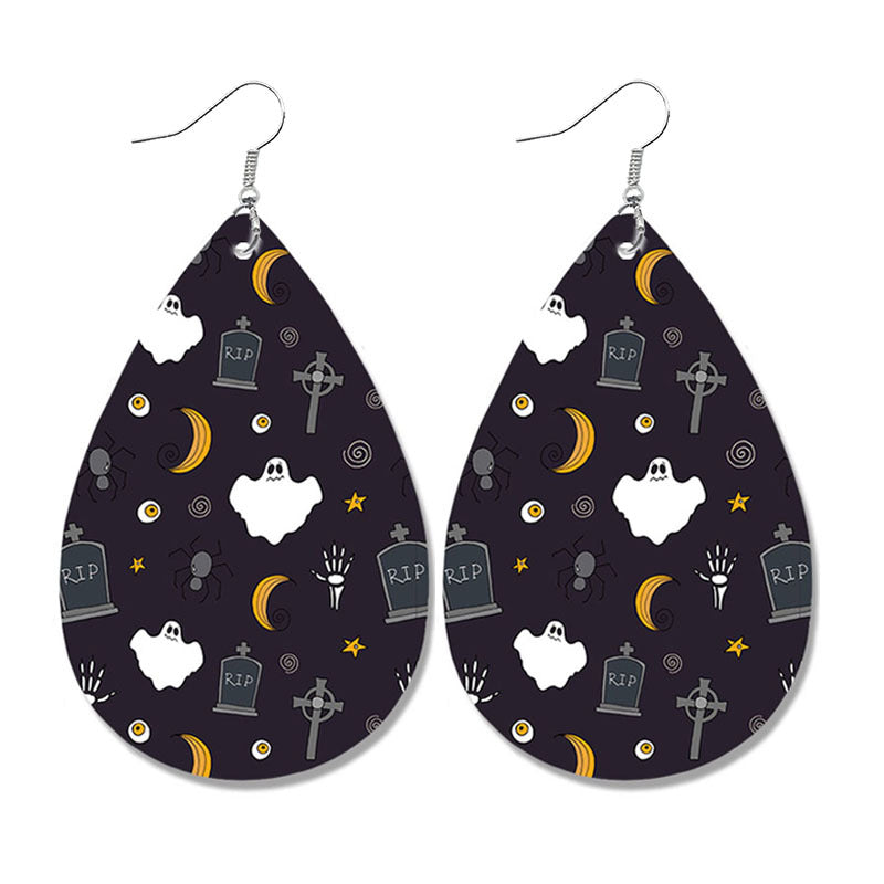 Halloween Leather Earrings - Pumpkin Ghost Candy Print Waterdrop Jewelry - wallojewerly 