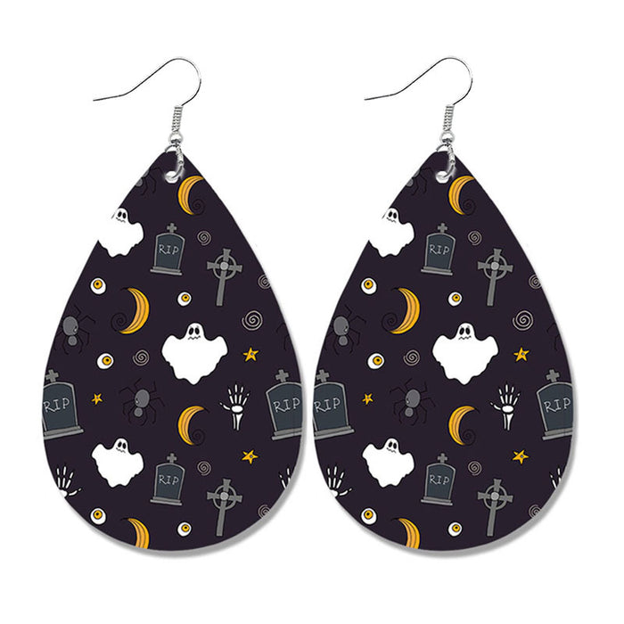 Halloween Leather Earrings - Pumpkin Ghost Candy Print Waterdrop Jewelry