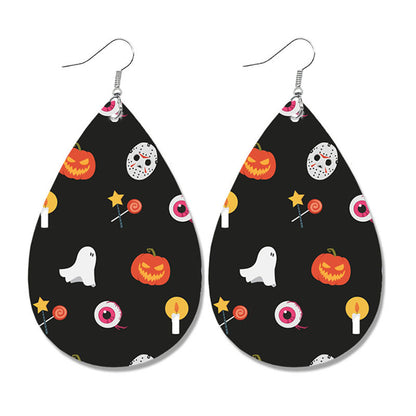 Halloween Leather Earrings - Pumpkin Ghost Candy Print Waterdrop Jewelry