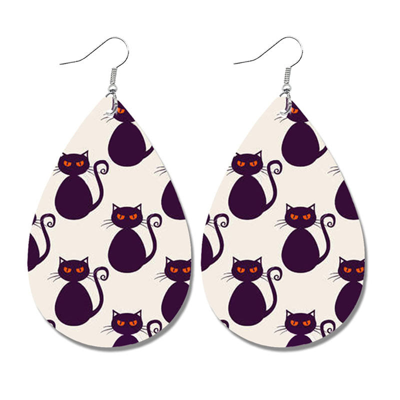 Halloween Bat and Ghost Leather Teardrop Earrings with Skull Design - wallojewerly 