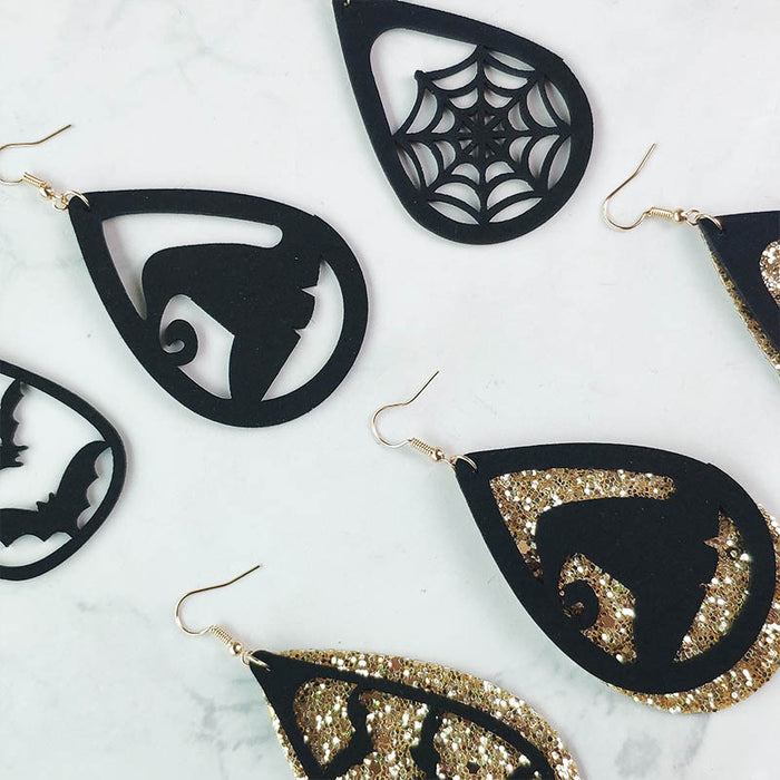 Halloween Cat and Spider Web Earrings with Velvet Witch Hat Design