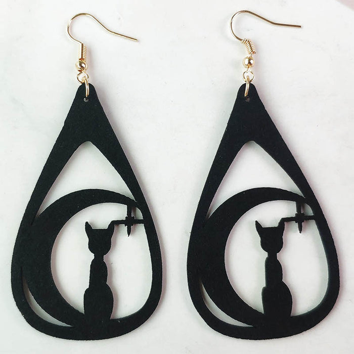 Halloween Cat and Spider Web Earrings with Velvet Witch Hat Design