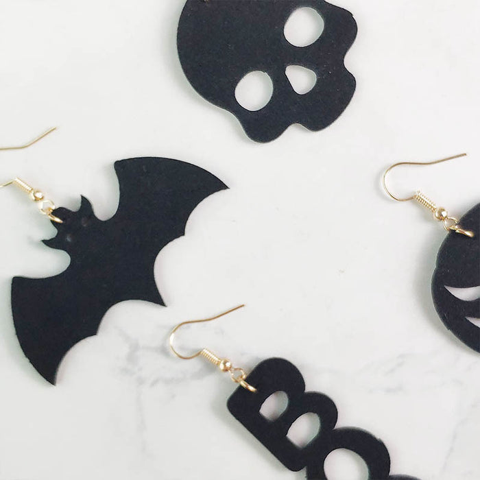 Original Halloween Skull and Spider Earrings with Velvet Bat and Pumpkin Design