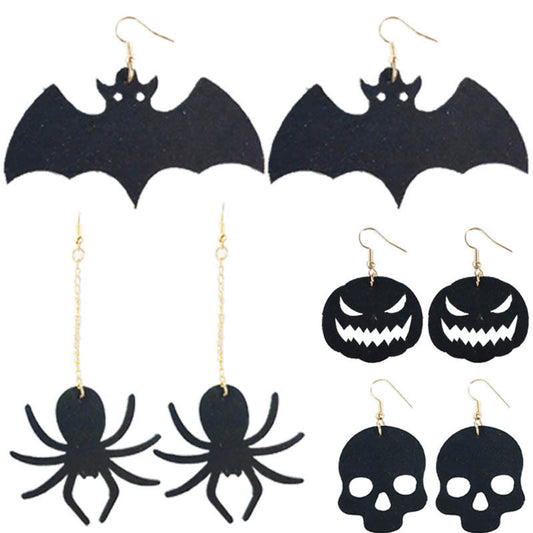 Original Halloween Skull and Spider Earrings with Velvet Bat and Pumpkin Design