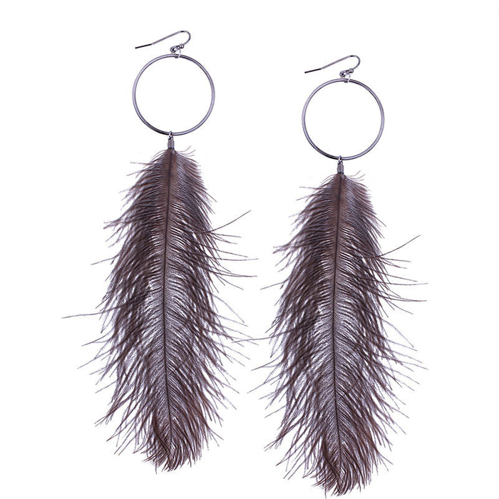 Bohemian Long Feather Earrings with Large Metal Hoop Design