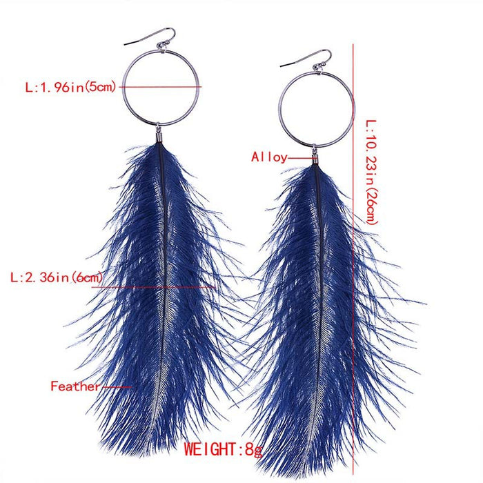 Bohemian Long Feather Earrings with Large Metal Hoop Design